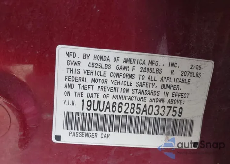 2005 Acura Tl from USA, damaged, VIN 19UUA66285A033759